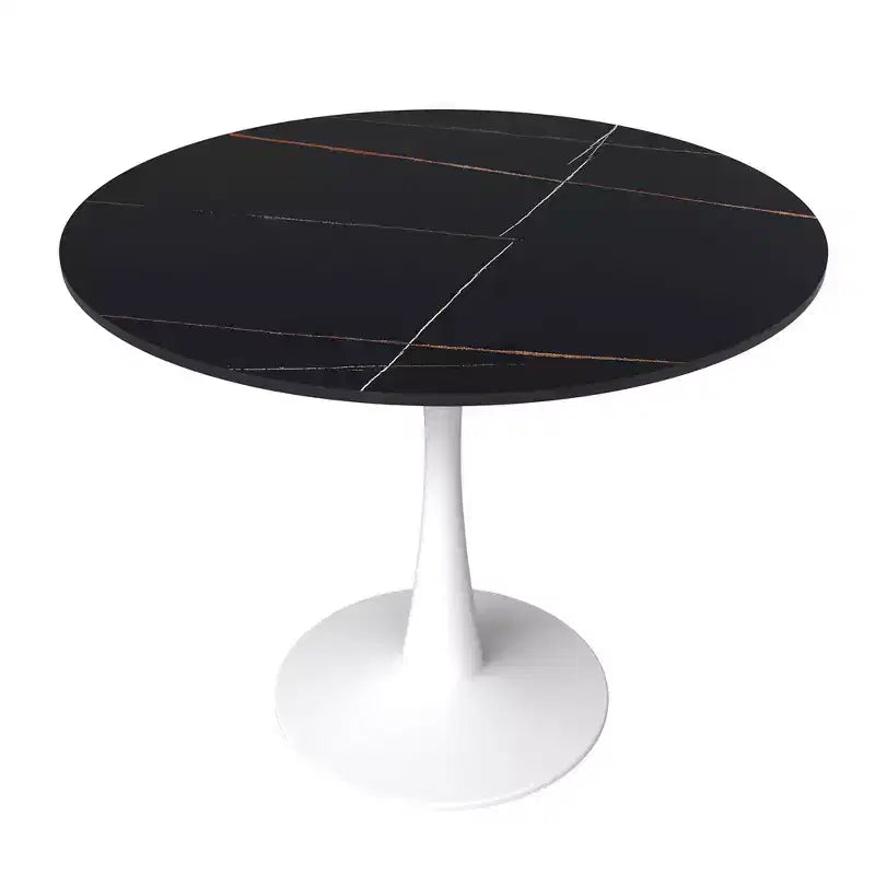 LeisureMod Bristol 35 Round Dining Table  Sintered Stone Top Accent Caf Table & Sturdy Steel White Pedestal Base for Kitchen and Small Spaces