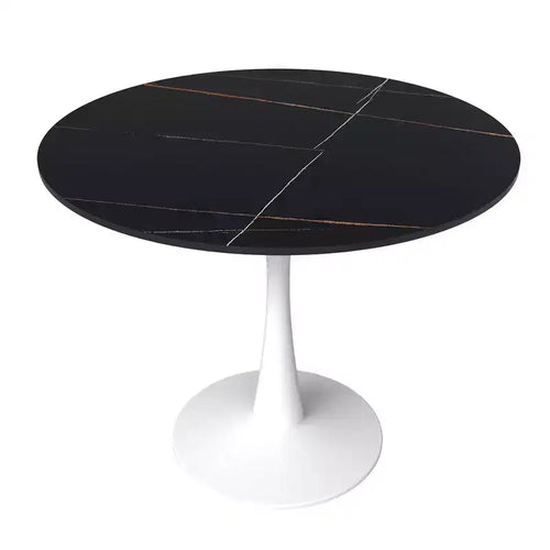 LeisureMod Bristol 35 Round Dining Table  Sintered Stone Top Accent Caf Table & Sturdy Steel White Pedestal Base for Kitchen and Small Spaces