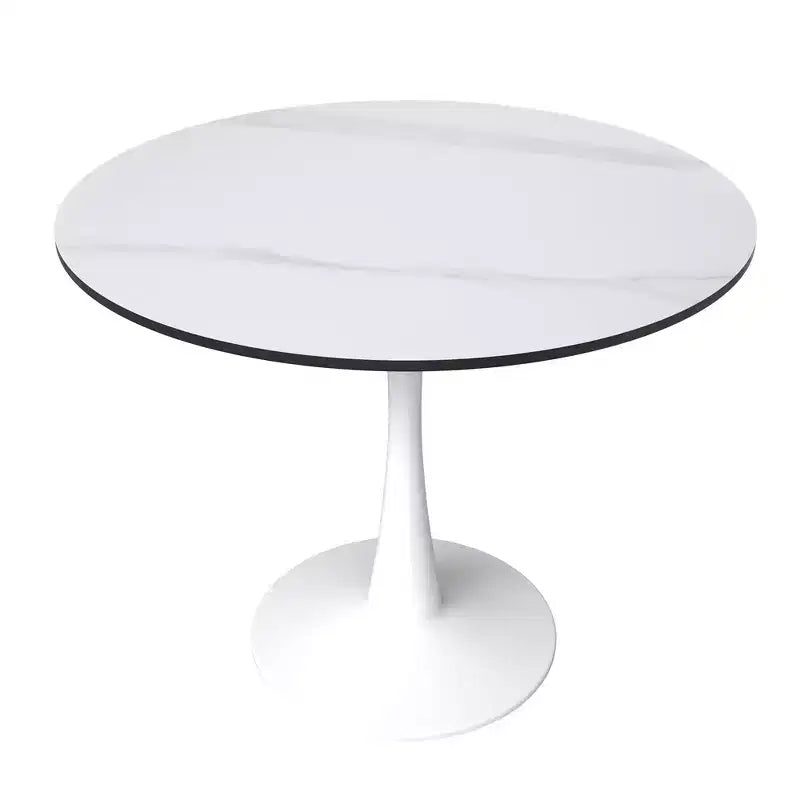 Table à manger ronde de 35" avec plateau en pierre frittée et piétement central en acier blanc pour cuisine et petits espaces